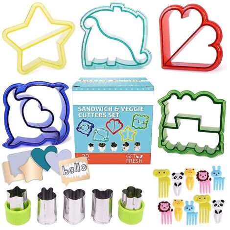 Ensemble de 20 emporte-pièces pour sandwichs comprenant 5 formes, 5 emporte-pièces pour légumes et 10 décorations pour bento en bonus. (1/5)