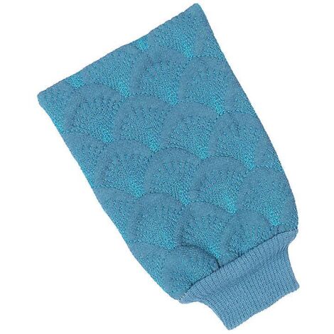 Gants exfoliants bleus en fibres végétales épaisses pour une élimination douce des cellules mortes. (1/4)