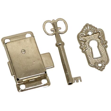 Serrure de porte d'armoire ancienne avec clés et vis - Finition nickel blanc (1/3)