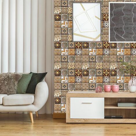 Lot de 12 stickers muraux adhésifs imperméables en PVC, motif mosaïque azulejos, pour salle de bain et cuisine. (1/4)