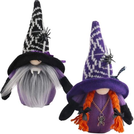 Lot de 2 peluches gnomes d'Halloween - Décoration mignonne sans visage - Accessoires photo pour table ou étagère - Décoration nains, gnomes, ornement citrouille et araignée (1/5)