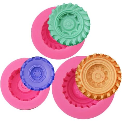 Ensemble de 3 moules en silicone ronds 3D en forme de pneu pour la décoration de gâteaux, chocolats, bonbons, gelées, résine, pâte polymère, savons et créations en sucre. (1/4)