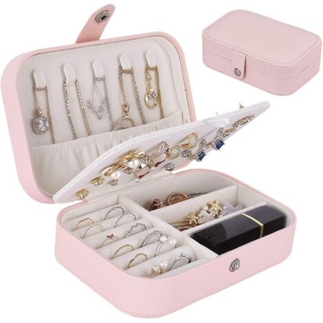 Boîte de rangement rose pour bijoux de voyage, étui portable pour bracelets, boucles d'oreilles, bagues et colliers - Bijoux non inclus (1/5)