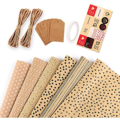Ensemble de papier cadeau kraft à motifs pour anniversaire - 8 rouleaux de 50 x 70 cm chacun + 2 morceaux de ficelle pour emballer les cadeaux (1/5)
