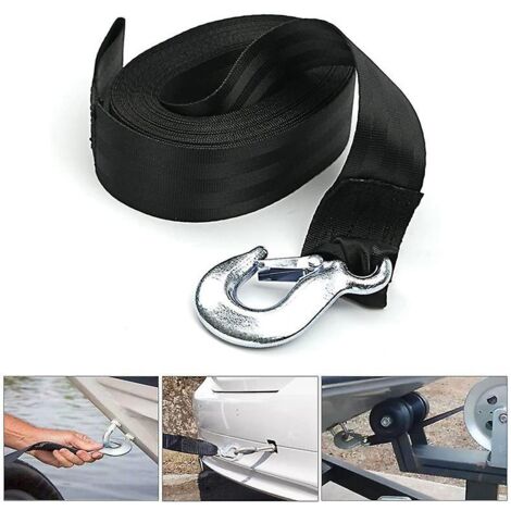 Sangle de treuil noire de 4 mètres avec mousqueton de sécurité pour bateau ou voiture, résistance à la rupture et charge de travail élevées (1/5)