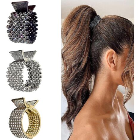 Ensemble de 3 épingles à cheveux antidérapantes en métal ornées de strass pour queue de cheval haute (1/5)