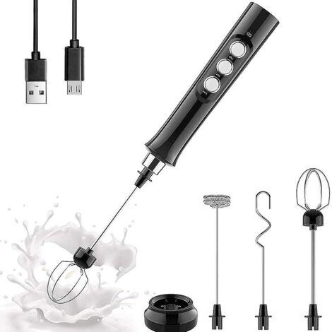 Mousseur à lait électrique Niro en acier inoxydable avec double poignée en mousse et fouet à œufs rechargeable par USB pour latte et cappuccino, support inclus (1/5)