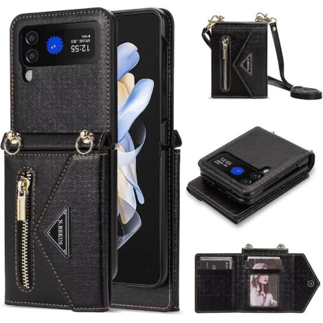 Étui zippé en cuir noir pour Samsung Galaxy Z Flip 4 avec bandoulière, emplacements pour cartes et support intégré (1/5)