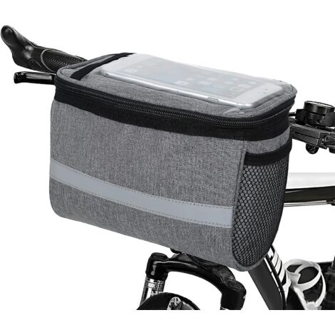 Sacoche de guidon de vélo grise étanche avec écran tactile et panier avant en filet aéré (1/5)