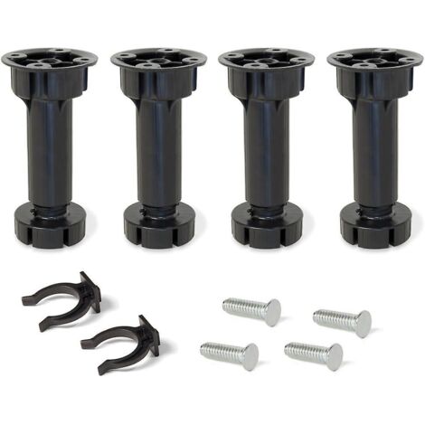 Lot de 4 pieds réglables en plastique noir, 100 mm, avec accessoires pour cuisine et salle de bain (1/5)