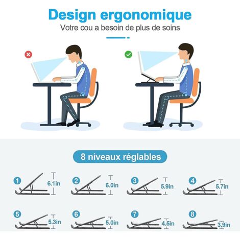 Support réglable à 8 niveaux pour ordinateur portable, en plastique antidérapant, silicone et alliage d'aluminium, compatible avec MacBook Air Pro, HP, 10-15,6 pouces (1/4)