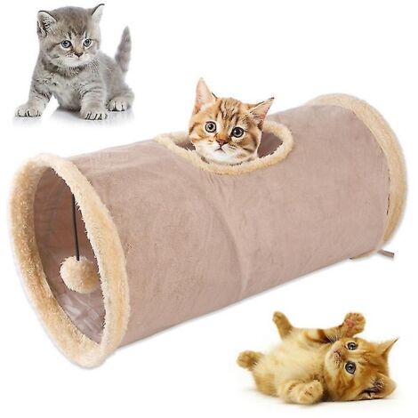 Tunnel pour chat pliable en daim kaki résistant avec cachette bruissante et jouet pour animaux de compagnie en forme de balle (1/4)
