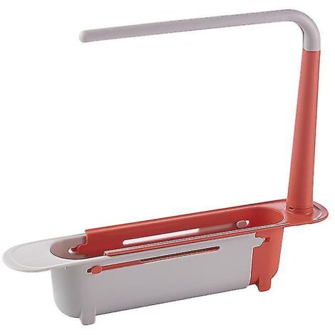 Étagère télescopique pour évier, égouttoir de cuisine multifonctionnel coulissant avec porte-torchons - Rouge (1/5)