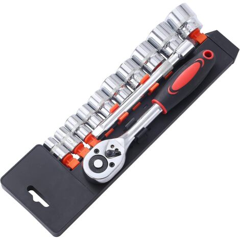 Coffret de 12 douilles métriques 1/4 pouce avec cliquet à dégagement rapide 24 dents, 4 douilles de 13 mm et une rallonge de 4 pouces pour la réparation automobile et le garage (Modèle 420340) (1/4)