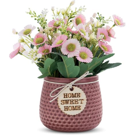 Vase en céramique en forme de marguerite avec petites roses artificielles, idéal pour un mariage, un bureau, une table, une fenêtre, un salon, une chambre ou une fête. (1/5)