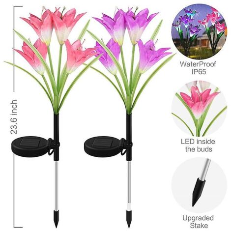 Lampes solaires d'extérieur en forme de lys - Couleurs changeantes, 16 grandes fleurs, étanches IP65, pour jardin, terrasse, allée - Lot de 4 (1/3)