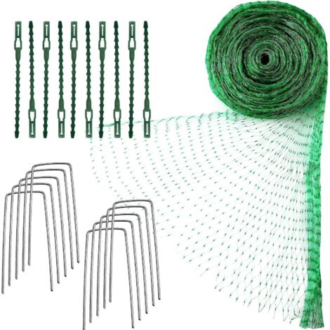Filet de protection anti-oiseaux vert pour jardin, plantes et arbres fruitiers - 4 m x 10 m avec attaches de câble et piquets de jardin en forme de U (1/4)
