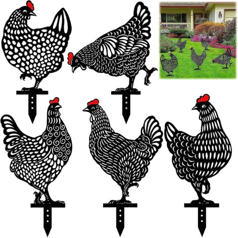 Lot de 5 décorations de jardin réalistes en forme de poule noire - Art décoratif en acrylique creux pour pelouse extérieure (1/5)