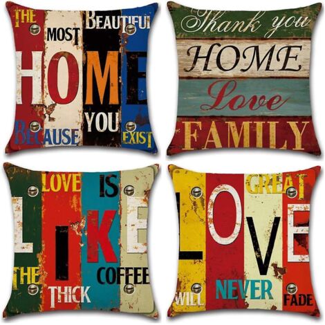 Lot de 4 taies d'oreiller en lin et polyester - Thème « Amour pour la maison » - 45 x 45 cm (1/5)