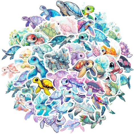 Autocollants style tortue bleue - 50 pièces pour bouteilles d'eau, gobelets, bagages, skateboards, pare-chocs, albums de scrapbooking, tasses - Cadeau autocollant pour enfants, adolescents et adultes (1/5)