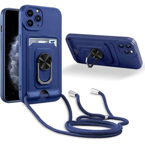Étui de téléphone bleu avec cordon et collier pour iPhone 11 Pro Max, comprenant un support anneau à 360°, un emplacement pour carte et une protection pour l'appareil photo. (1/5)