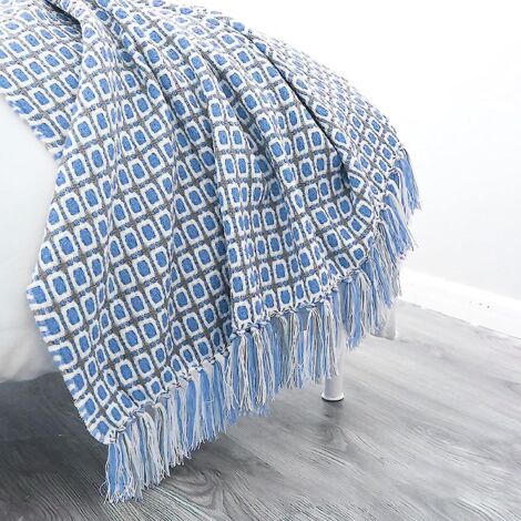 Couverture tricotée à carreaux bohèmes bleus et franges 130x170cm (1/5)