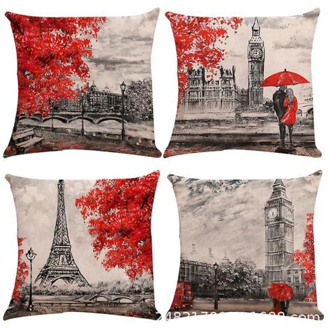 Ensemble de 4 taies d'oreiller en lin, motif « Couple de feuilles d'érable », pour coussin de voiture ou de canapé, 45 x 45 cm, collection Saint-Valentin (1/5)