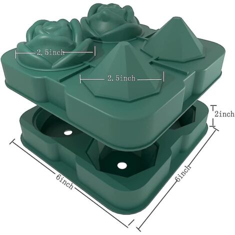 Moule à glaçons en silicone vert à 2 cavités en forme de rose et à 2 cavités en forme de diamant, pour glaçons sphériques de 6,35 cm (2,5 pouces). (1/4)
