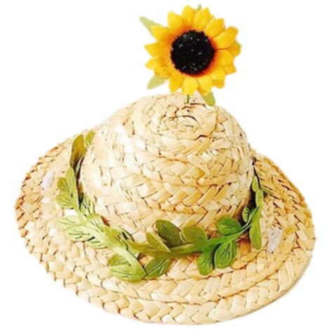 Chapeau pour chien en paille tricotée à larges bords, orné de fleurs et de vignes. (1/4)