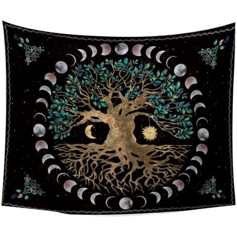 Tapisserie murale Arbre de Vie Soleil et Lune Noirs - 200 cm x 150 cm - Mandala psychédélique hippie (1/4)