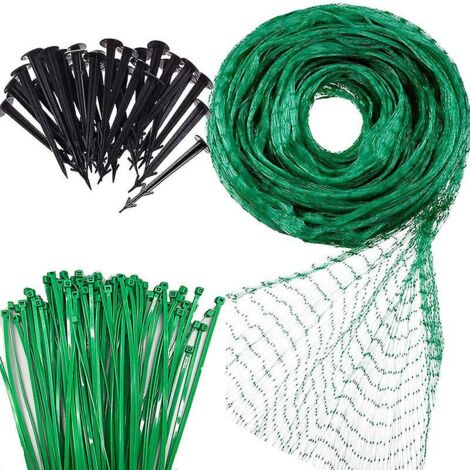 Filet anti-oiseaux en polyéthylène avec piquets de fixation, 20 barres, 50 câbles en nylon - 4 m x 10 m - Idéal pour la protection du jardin, du potager et des bassins (1/5)