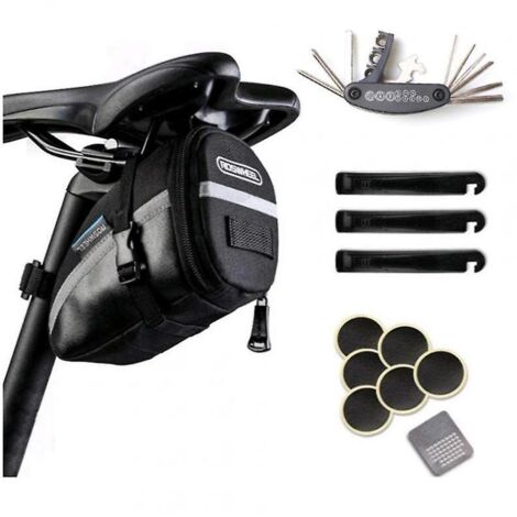 Kit d'outils de vélo noir 16 en 1 avec bande réfléchissante, outil de réparation arrière et sacoche de selle (1/5)