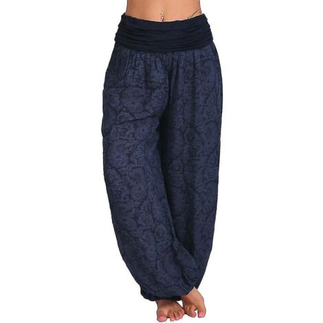 Pantalon long imprimé Ali Baba Harem pour femme, style Aladin, bohème, jambes larges, pantalon de yoga, grande taille L, bleu marine (1/4)