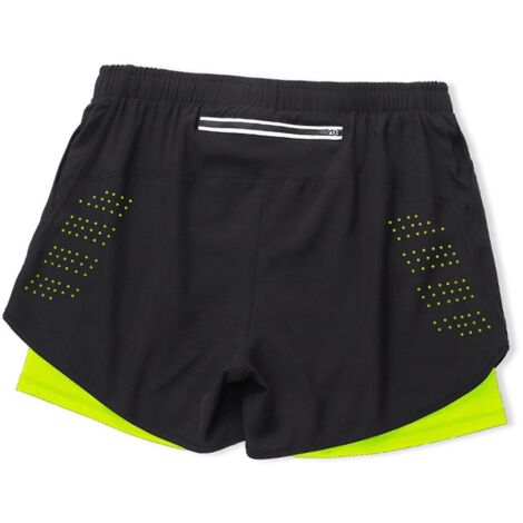 Short de sport double couche pour homme, séchage rapide, effet pantalon de fitness 2 pièces - Taille L - Vert fluo (1/5)