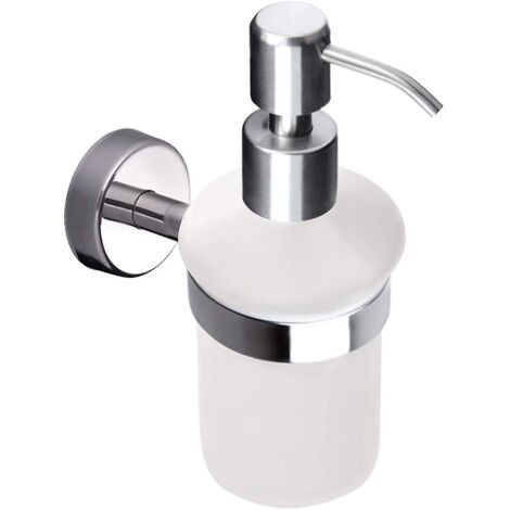 Distributeur de savon liquide avec support, verre dépoli, fixation murale, finition acier inoxydable poli (1/4)