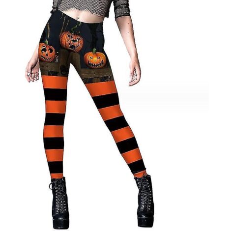 Legging extensible à rayures citrouille d'Halloween, imprimé graphique, idéal pour les fêtes cosplay - Taille S - Style 3 (1/5)