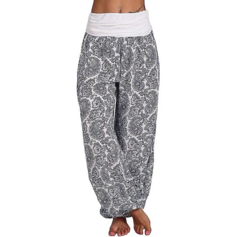 Pantalon long imprimé Ali Baba Harem pour femme, style Aladin, bohème, jambes larges, pantalon de yoga, grandes tailles jusqu'à 3XL, blanc (1/4)