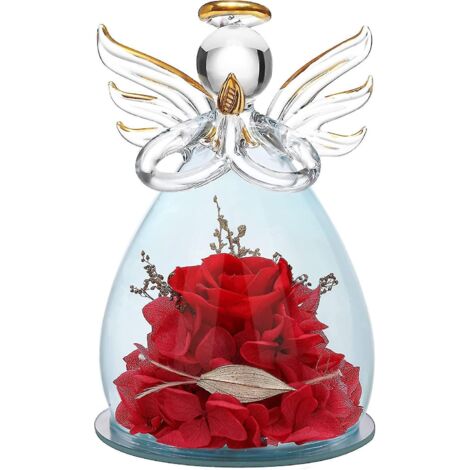 Cadeau pour la fête des mères ou l'anniversaire de maman : statuette d'ange en verre ornée de jolies fleurs violettes - 11 x 7,5 cm - Ange rouge (1/5)
