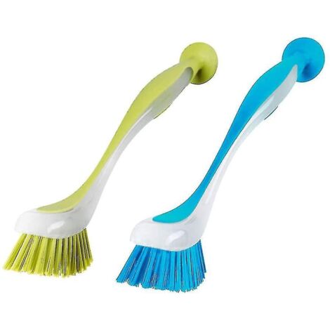 Brosse à vaisselle pour lave-vaisselle, manche long, poils doux et ergonomiques, avec ventouse (lot de 2). (1/5)