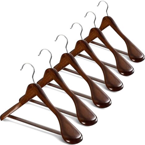 Lot de 6 cintres en bois à épaules larges avec barre antidérapante pour pantalons, manteaux, robes et costumes - Marron (1/5)