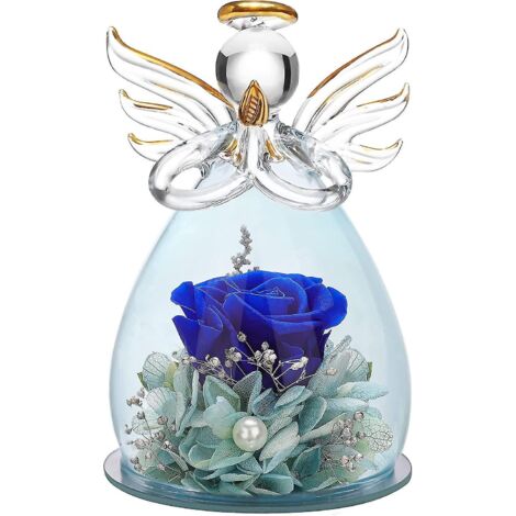 Cadeau pour la fête des mères ou l'anniversaire de maman : statuette d'ange en verre ornée de jolies fleurs violettes - 11 x 7,5 cm - bleu marine (1/5)