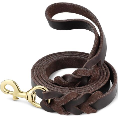 Laisse en cuir pour chien, tricotée à la main, en cuir véritable résistant, pour chiens de toutes tailles, avec mousqueton en laiton, marron, 1,2 m x 2 cm. (1/5)