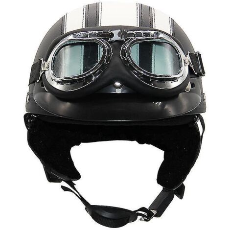 Casque de moto d'été léger en cuir style rétro Harley, avec lunettes de sécurité, demi-casque tendance, pour véhicules électriques, noir et blanc. (1/3)