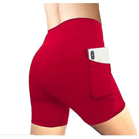 Short de sport pour femme à taille haute élastique avec poche pour téléphone, couleur unie, taille S, bordeaux, idéal pour le yoga et la course à pied. (1/5)
