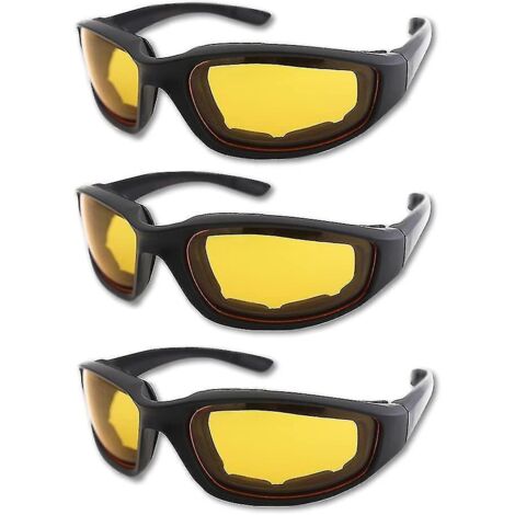 Lot de 3 lunettes de moto rembourrées, protection UV, anti-poussière et coupe-vent, gris + blanc + jaune (1/4)