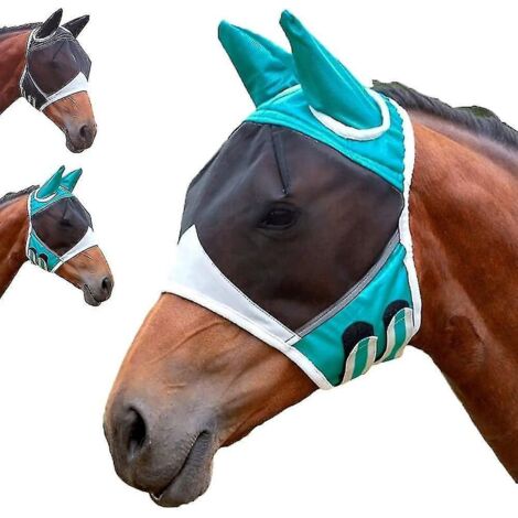 Masque anti-mouches pour cheval, protection UV, avec filet pour les oreilles, ouverture pour la crinière et bordure réfléchissante. Masque extensible et respirant en maille fine, avec œillets et croch (1/5)