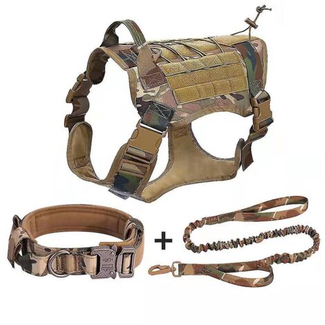 Harnais pour chien, gilet militaire avec collier et laisse, pochette et écusson, gilet tactique anti-traction compatible avec les grands chiens, harnais pour chien d'assistance compatible WL-Khaki (1/5)