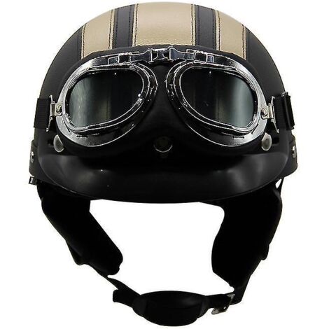 Casque de moto d'été léger en cuir style rétro Harley, avec lunettes de protection, demi-casque tendance, pour véhicules électriques, noir et or. (1/3)