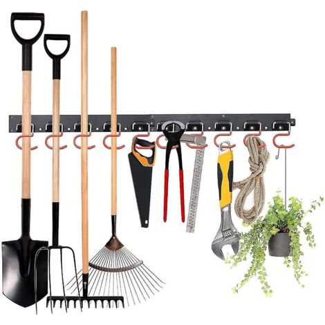 Organisateur de garage Fong, système de rangement ajustable de 162,5 cm (64 pouces) avec 16 crochets et 4 rails, support mural pour outils de jardin et porte pour balais et serpillères.