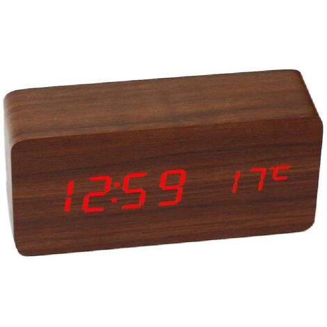 Horloge de bureau carrée en bois avec affichage numérique LED, alarme et affichage de la température, idéale pour la décoration de chambre. (1/5)